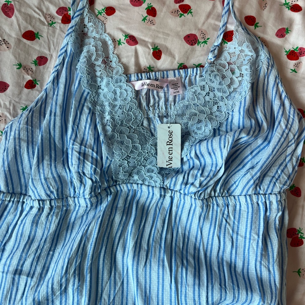NWT Blue and White Striped Lace Slip Dress / Night Gown / Flowy Dress - Picture 7 of 7